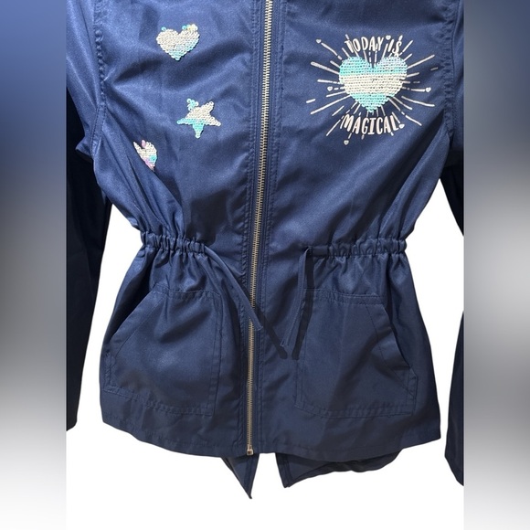 3/$20 Belle du Jour Girls Navy Blue Hooded Jacket Sequin Accents Size M - Picture 3 of 9